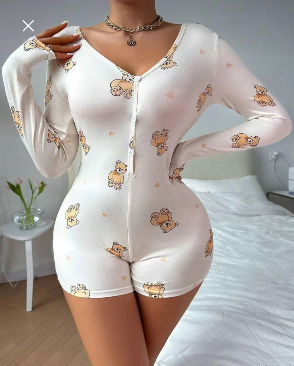 Pamuklu Beyaz Ayıcık Desenli Düğmeli Uzun Kol Tulum Pijama