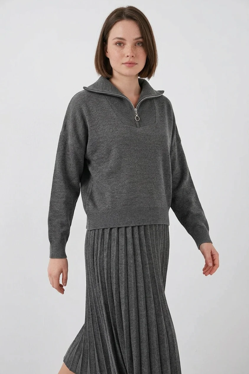 Kadın Fermuarlı Yaka Pileli Etek Antrasit İkili Takım