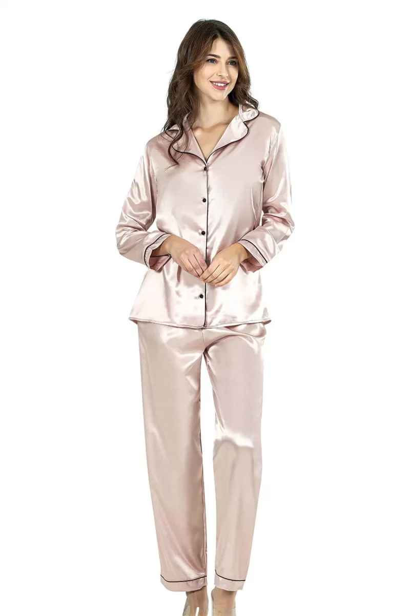 Pudra İkili Saten Gecelik Pijama Takımı 7647