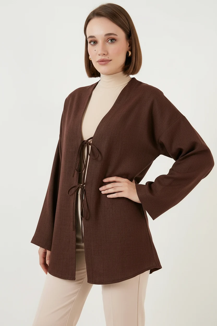 Kadın Kuşaklı Viskon Kahverengi Tesettür Kimono
