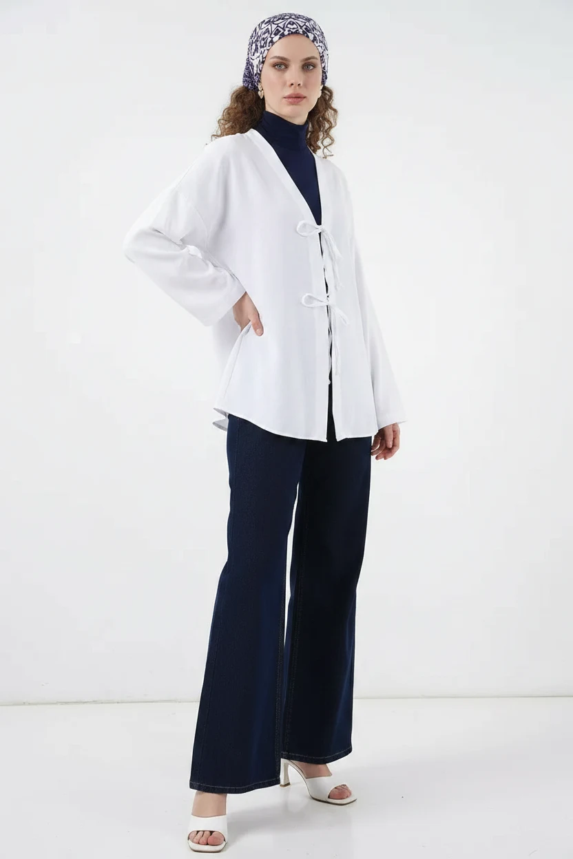Kadın V Yaka Bağcıklı Viskon Beyaz Tesettür Kimono