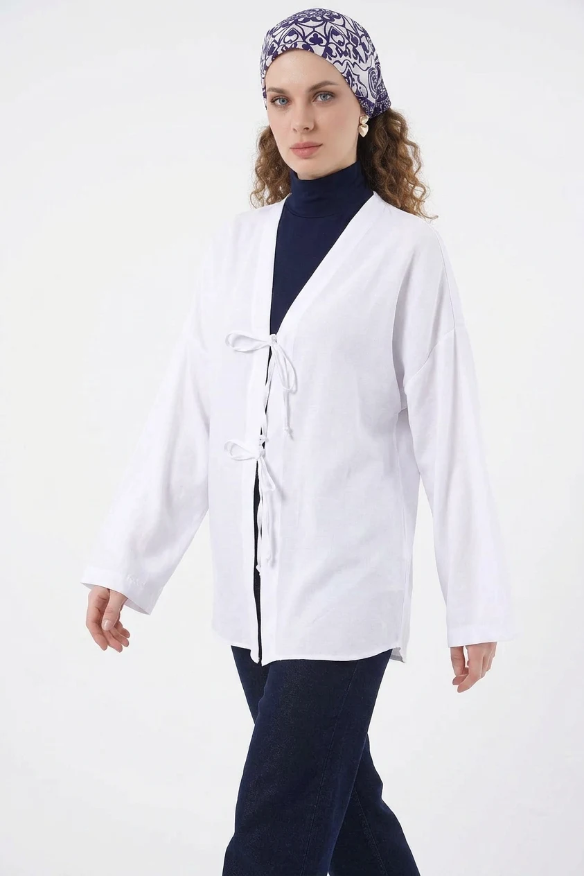 Kadın V Yaka Bağcıklı Viskon Beyaz Tesettür Kimono