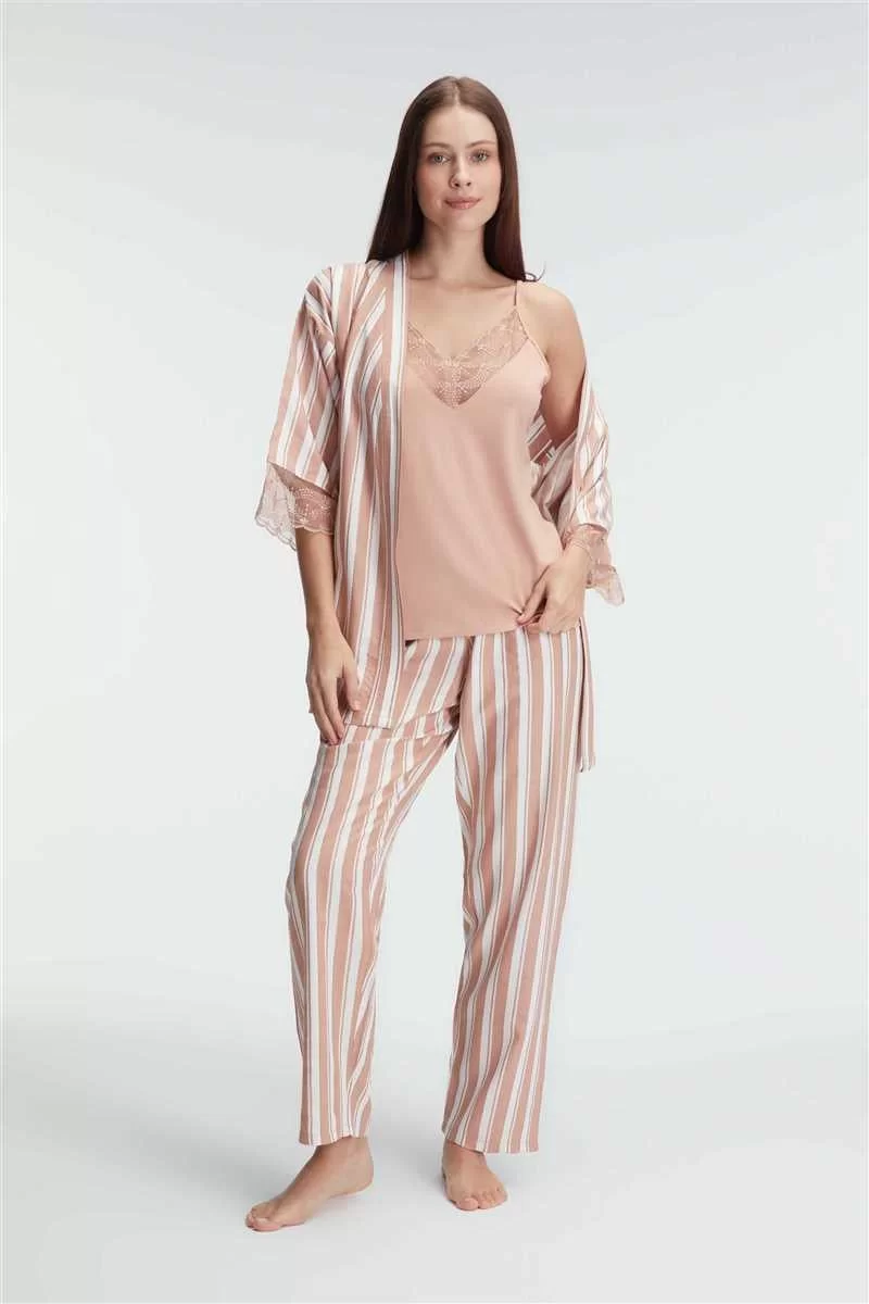 İp Askılı V Yaka Kadın Viskon Çizgili Desenli Yazlık Örme Pijama Sabahlık Takımı