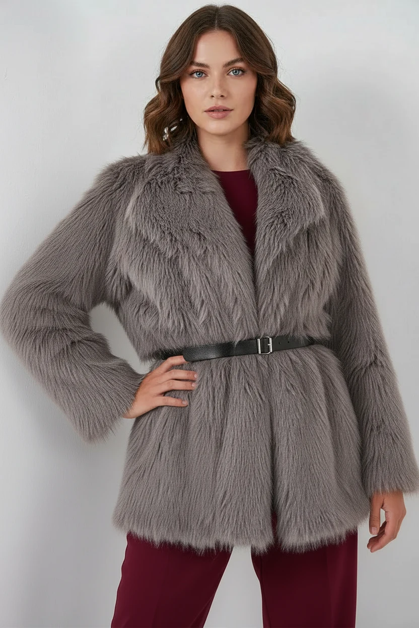 Kadın Geniş Yaka Kemerli Kürklü Oversize Füme Kaban