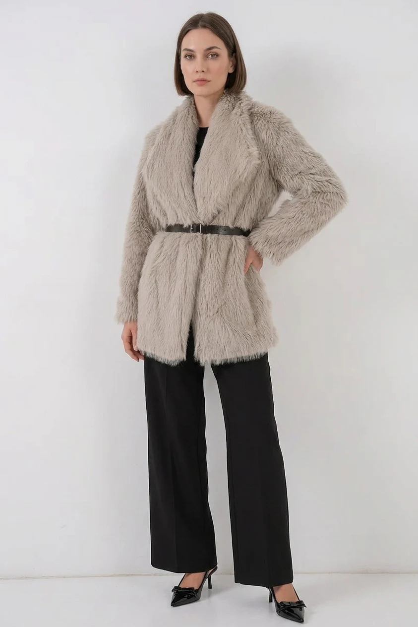 Kadın Geniş Yaka Kemerli Kürklü Oversize Taş Kaban