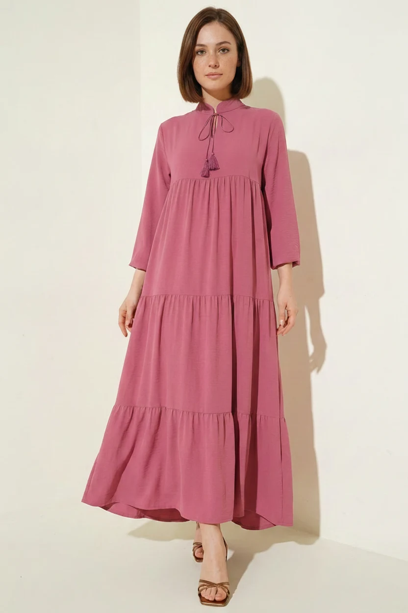 Kadın Bağcıklı Yaka Beli Büzgülü Fırfırlı Viskon Açık Pembe Elbise