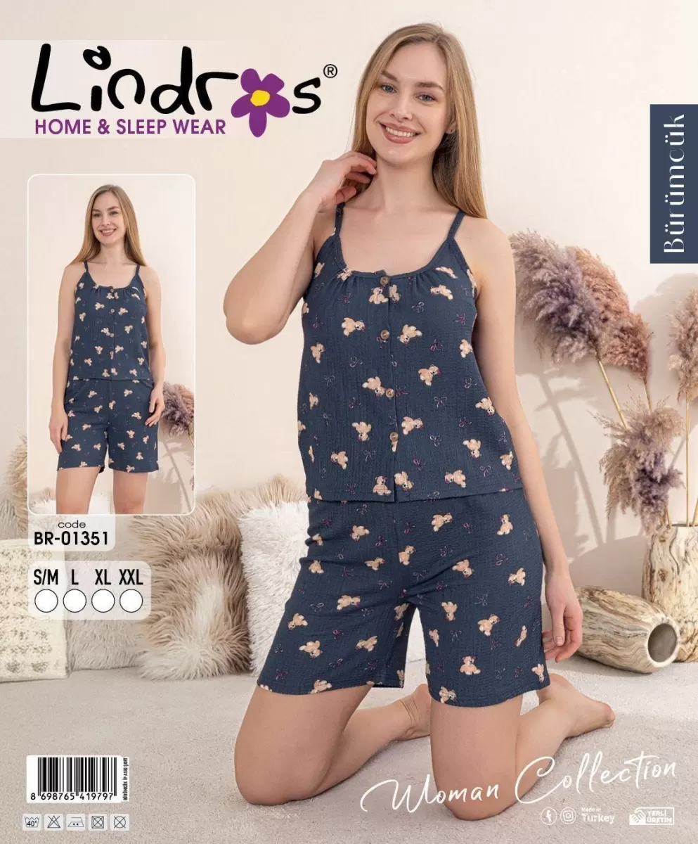 Lindros BR-01351 Kadın İp ASkılı Bürümcük Düğmeli Şort Takım