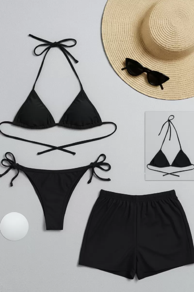 Kadın 3'lü Set Siyah Şortlu ve Yandan Bağlamalı Bikini Mayo Takımı