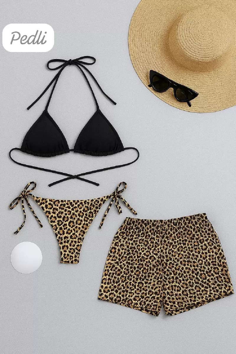 Kadın 3'lü Set Siyah ve Leopar Desenli Şortlu Yandan Bağlamalı Bikini Mayo Takımı