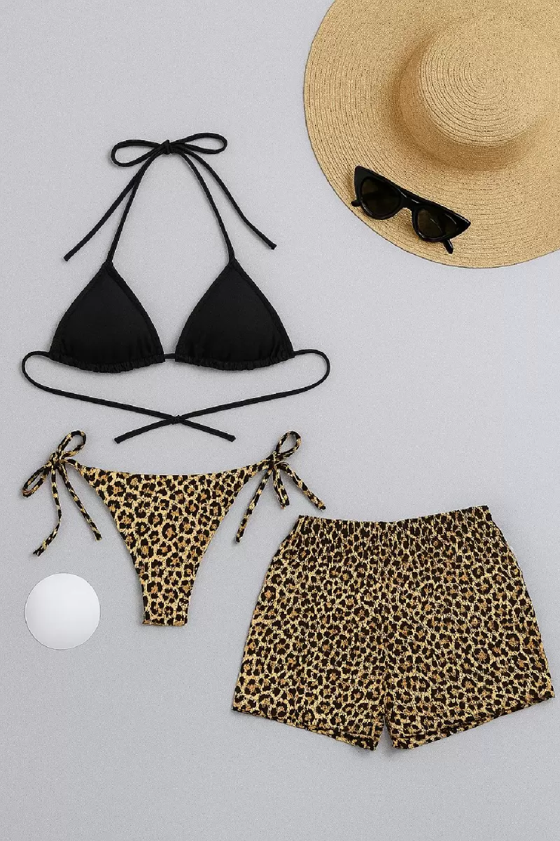 Kadın 3'lü Set Siyah ve Leopar Desenli Şortlu Yandan Bağlamalı Bikini Mayo Takımı