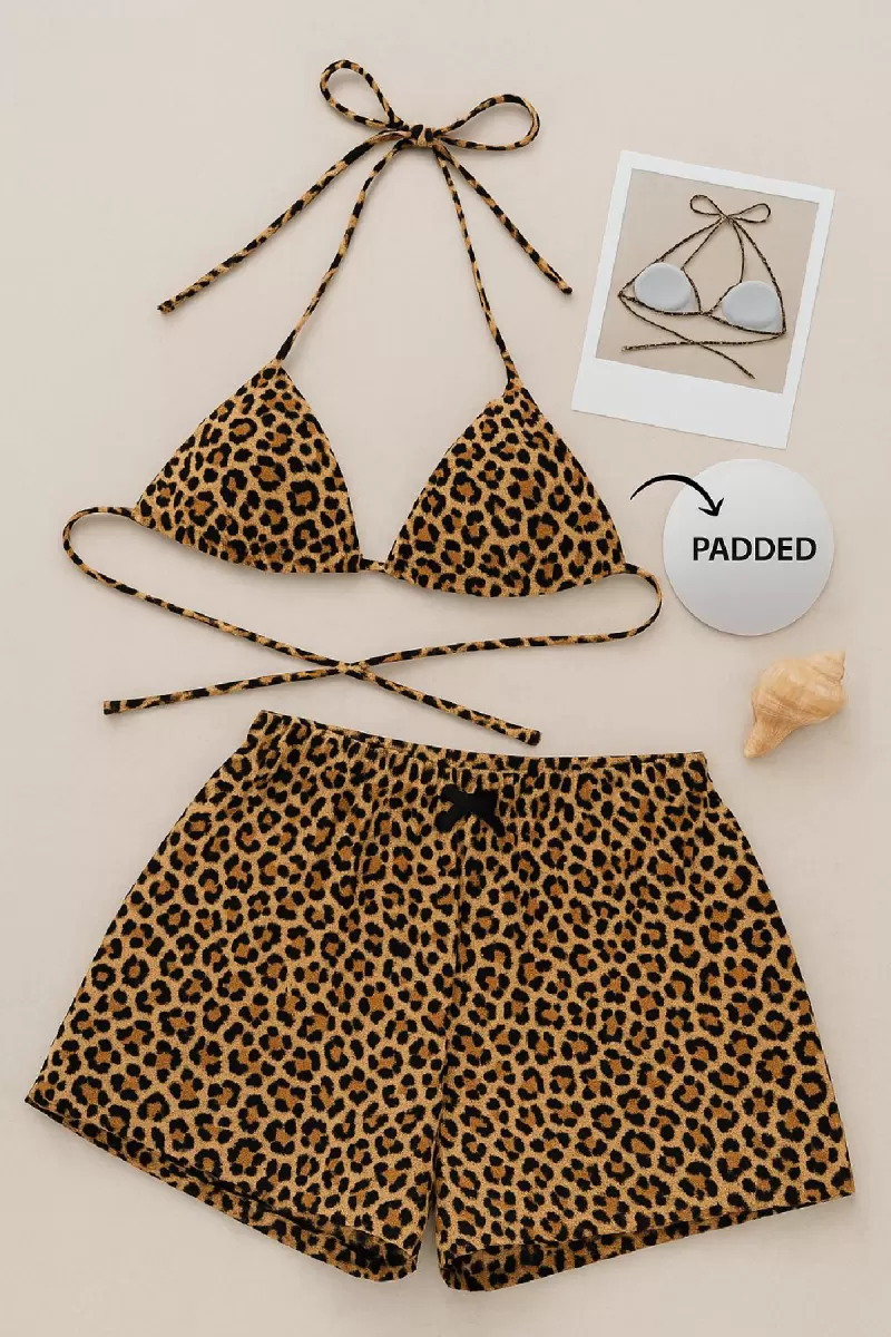 Kadın Leopar Desenli Şortlu Belden ve Boyundan Bağlamalı Bikini Takımı
