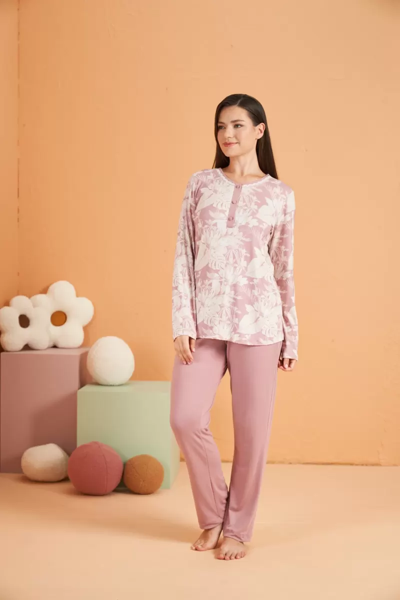 PJS 28016 Kadın Uzun Kol Yarı Patlı Desenli Pijama Takım