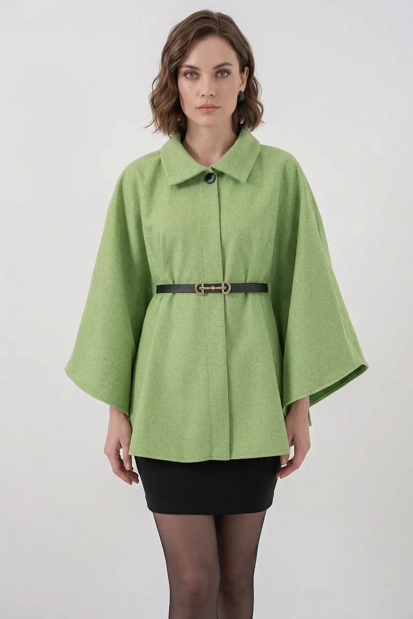Kadın Gömlek Yaka Kuşaklı Kemerli Pamuklu Çağla Yeşili Panço