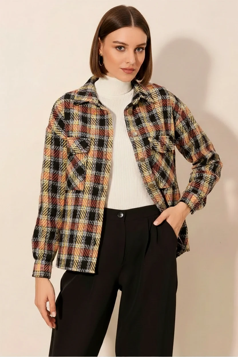 Kadın Oversize Ekose Desenli Pamuklu B. Kiremit Gömlek