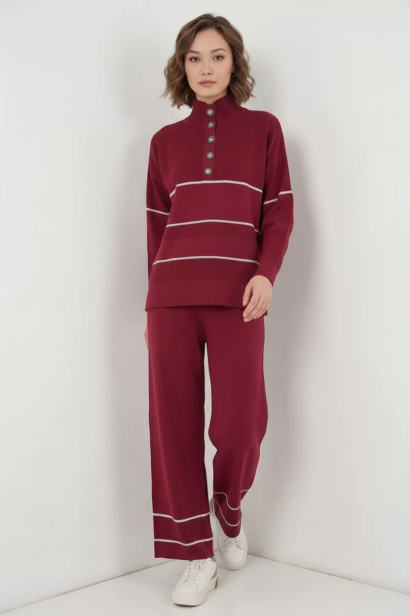Kadın Yüksek Yaka Oversize Çizgili Triko Bordo İkili Takım