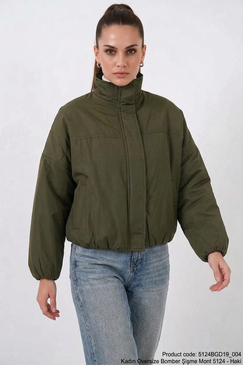 Kadın Yüksek Yaka Bomber Şişme Oversize Haki Mont