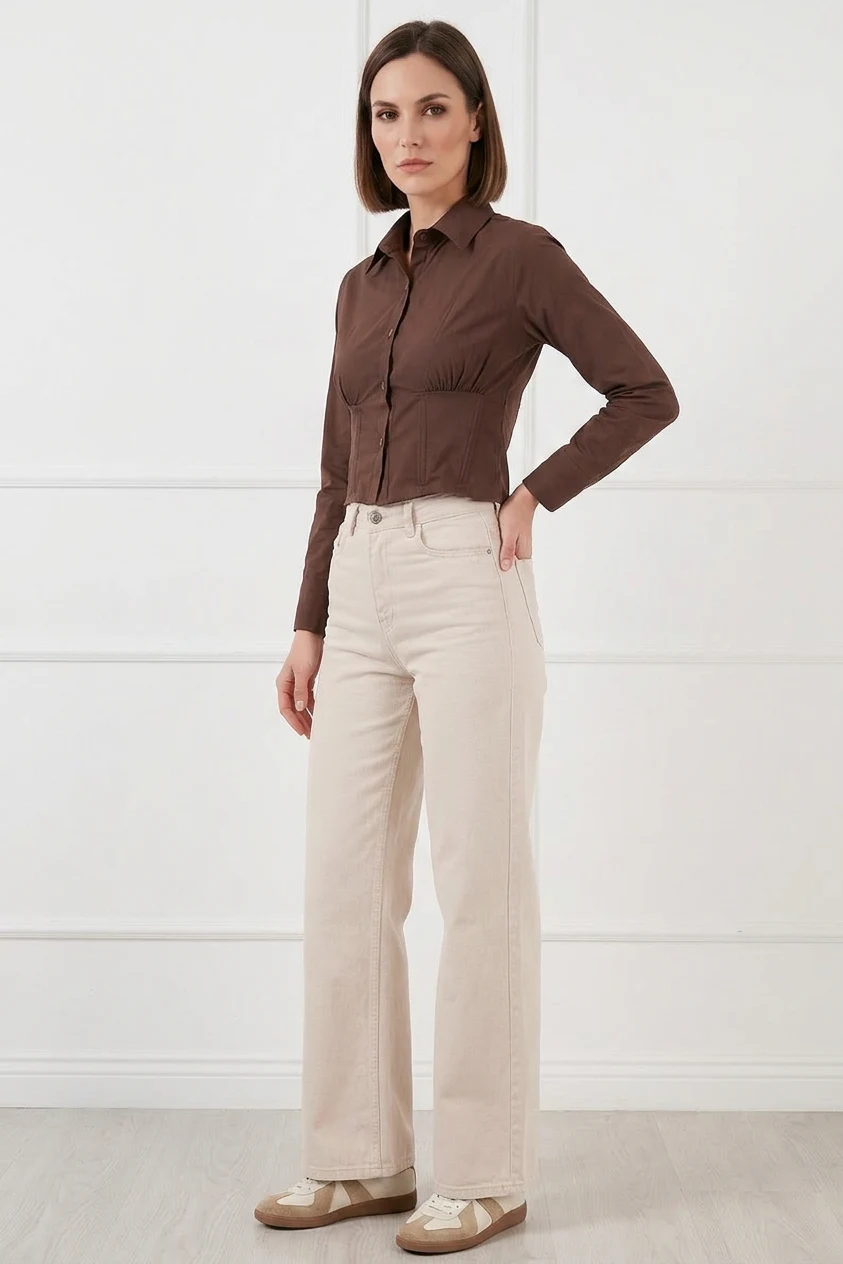 Kadın Belden Büzgülü Slim Fit Pamuklu Kahverengi Gömlek
