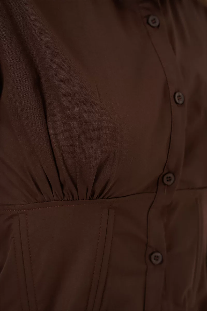 Kadın Belden Büzgülü Slim Fit Pamuklu Kahverengi Gömlek