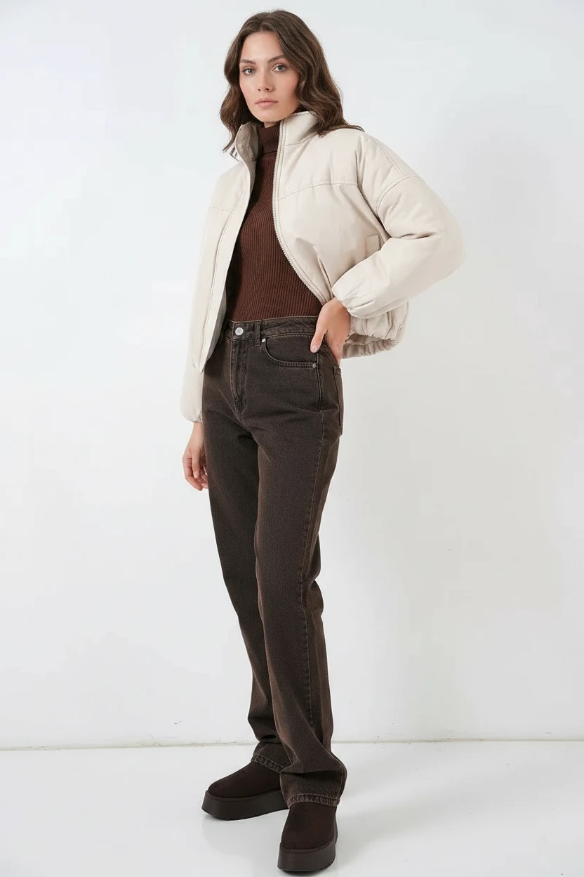 Kadın Yüksek Yaka Oversize Bomber Ekru Mont