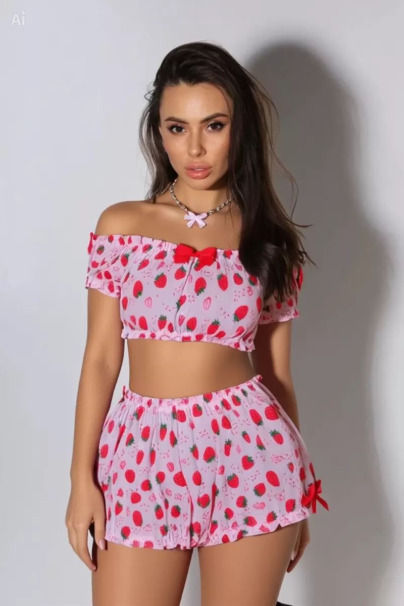 Kadın Pembe Çilek Desenli Şortlu Pijama Takımı