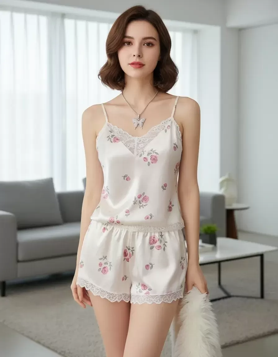 Kadın Ekru Gül Desenli Askılı Dantel Detaylı Pijama Takımı Şık ve Rahat Tasarım