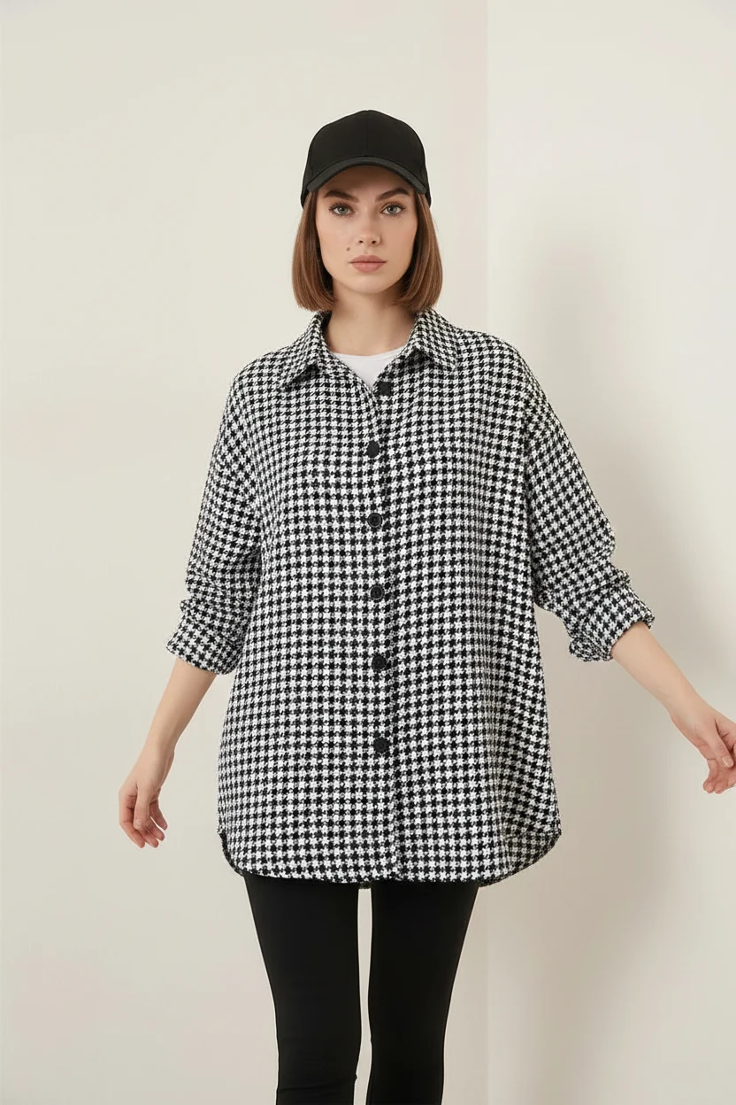 Kadın Oversize Kazayağı Desen Pamuklu Siyah Beyaz Gömlek