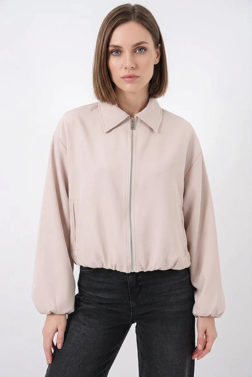 Kadın Klasik Yaka Normal Fermuarlı Oversize Krem Ceket