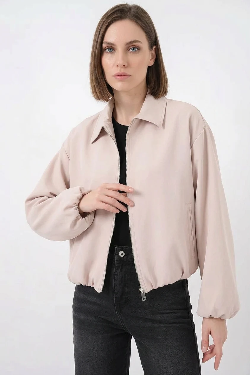 Kadın Klasik Yaka Normal Fermuarlı Oversize Krem Ceket