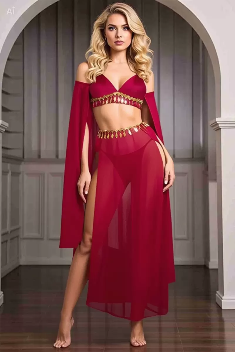 Kadın Kırmızı Harem Kostümü Özel Tasarım Şık Fantazi Giyim Seti