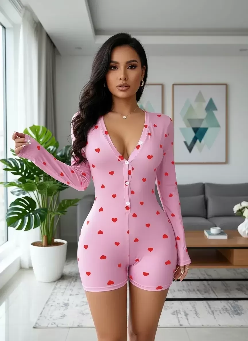 Kadın Pembe Kalp Desenli Zarif Pijama Tulumu Özel Tasarım