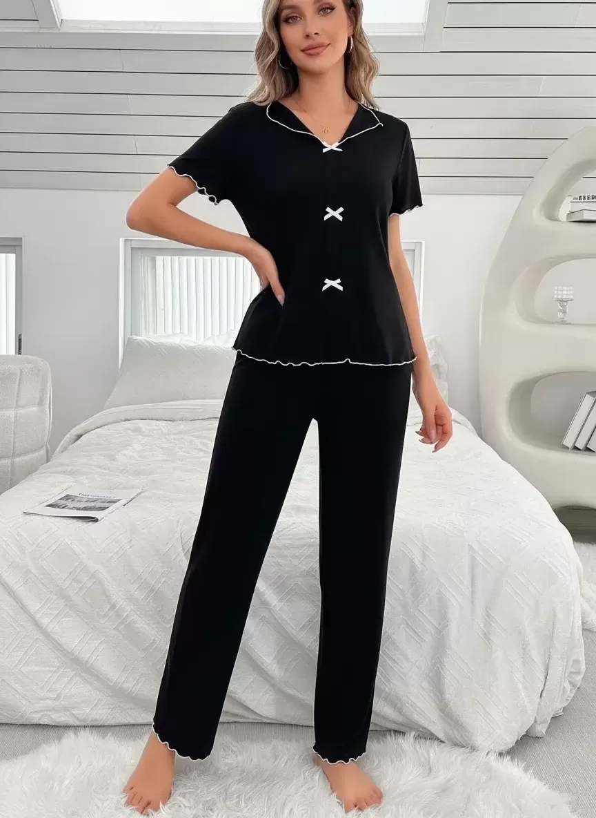 Kadın Siyah Fiyonk Detaylı Uzun Pijama Takımı Yumuşak Pamuklu Rahat Ev Giyimi Özel Tasarım