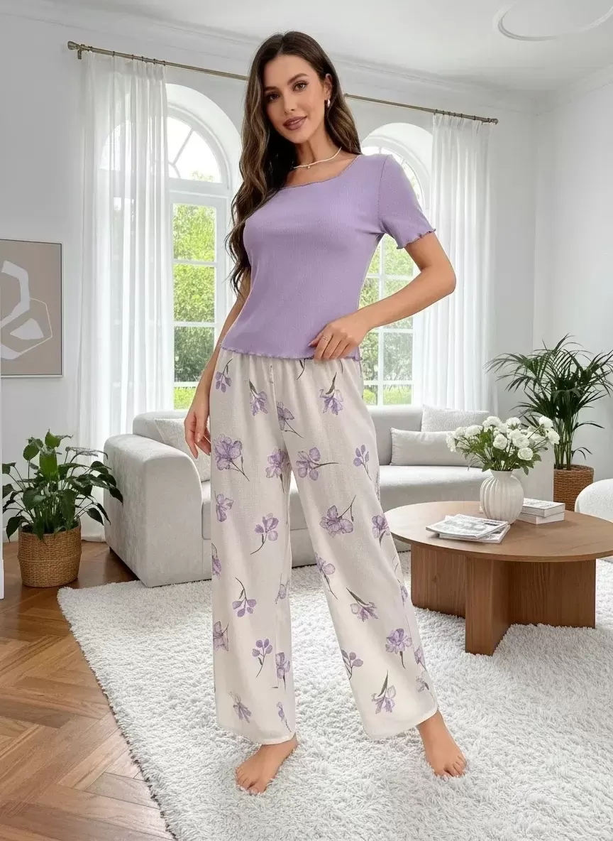 Kadın Mor Çiçek Desenli Uzun Pijama Takımı Yumuşak Pamuklu Rahat Ev Giyimi Özel Tasarım