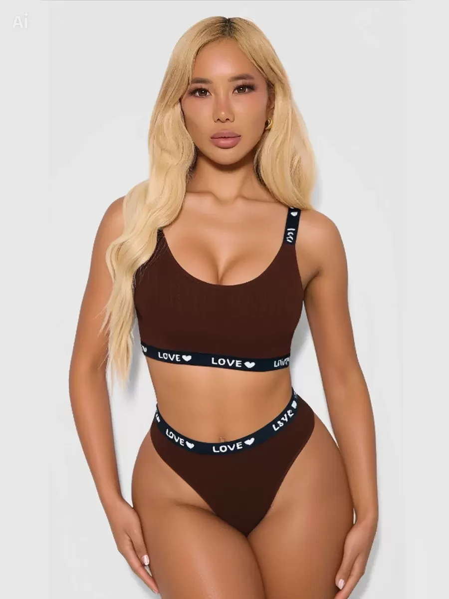 Kadın Kahverengi Love Yazılı Mayo Bikini Şık Esnek Kumaş Plaj Giyim Özel Tasarım