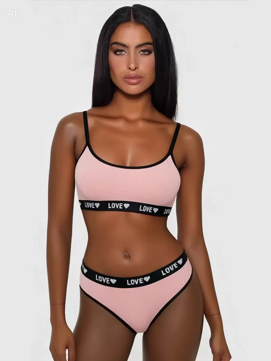 Kadın Pembe Love Yazılı Mayo Bikini Şık Esnek Kumaş Plaj Giyim Özel Tasarım