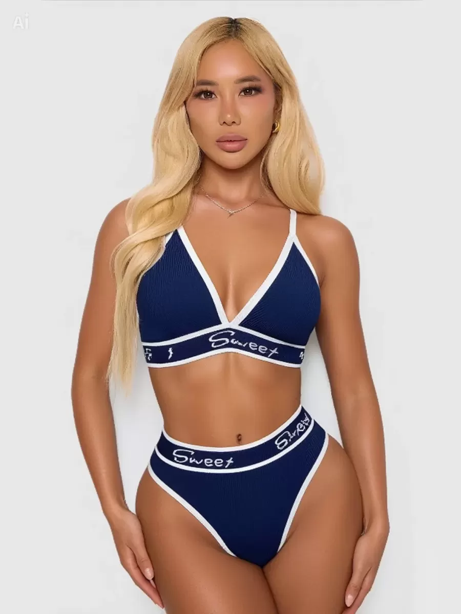 Kadın Lacivert Love Yazılı Mayo Bikini Şık Esnek Kumaş Plaj Giyim Özel Tasarım