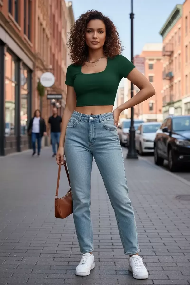 Kadın Yeşil Şık Kesim Yarım Kol Crop Bluz