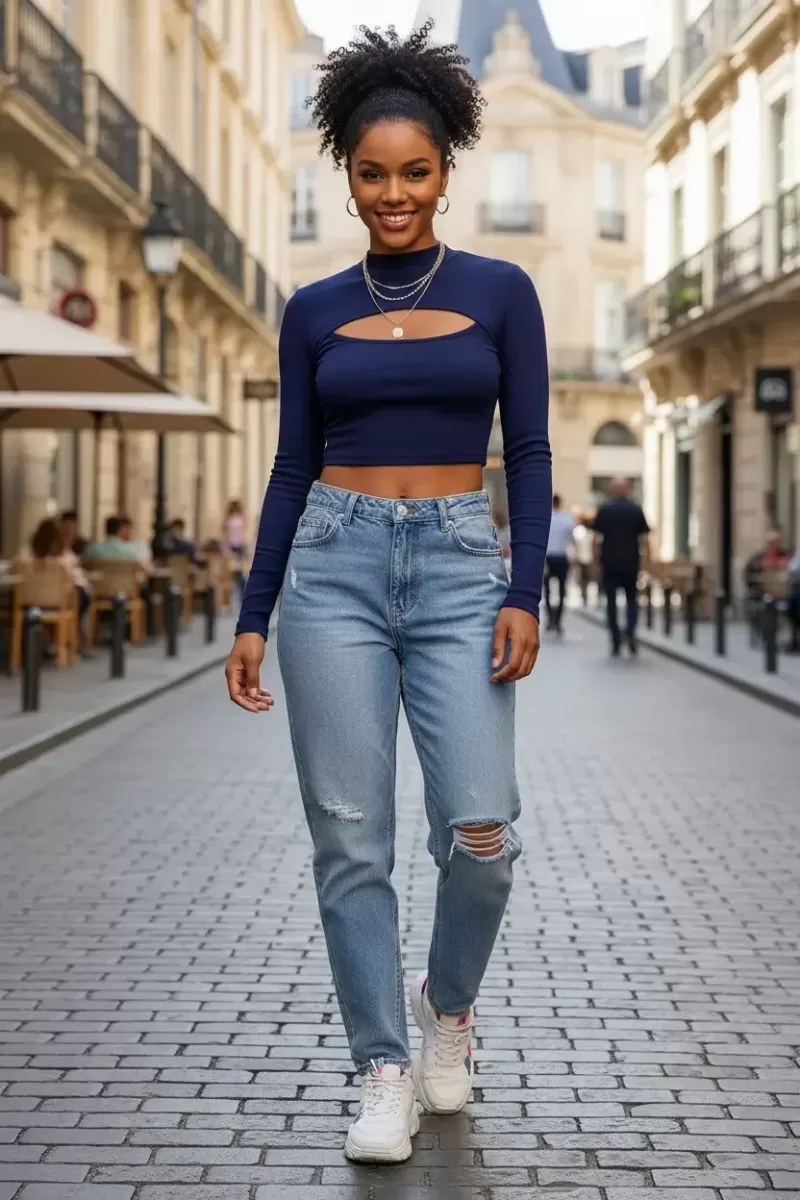 Kadın Lacivert Modern Fit Göğüs Dekolteli Uzun Kollu Cut Out Crop Top Bluz