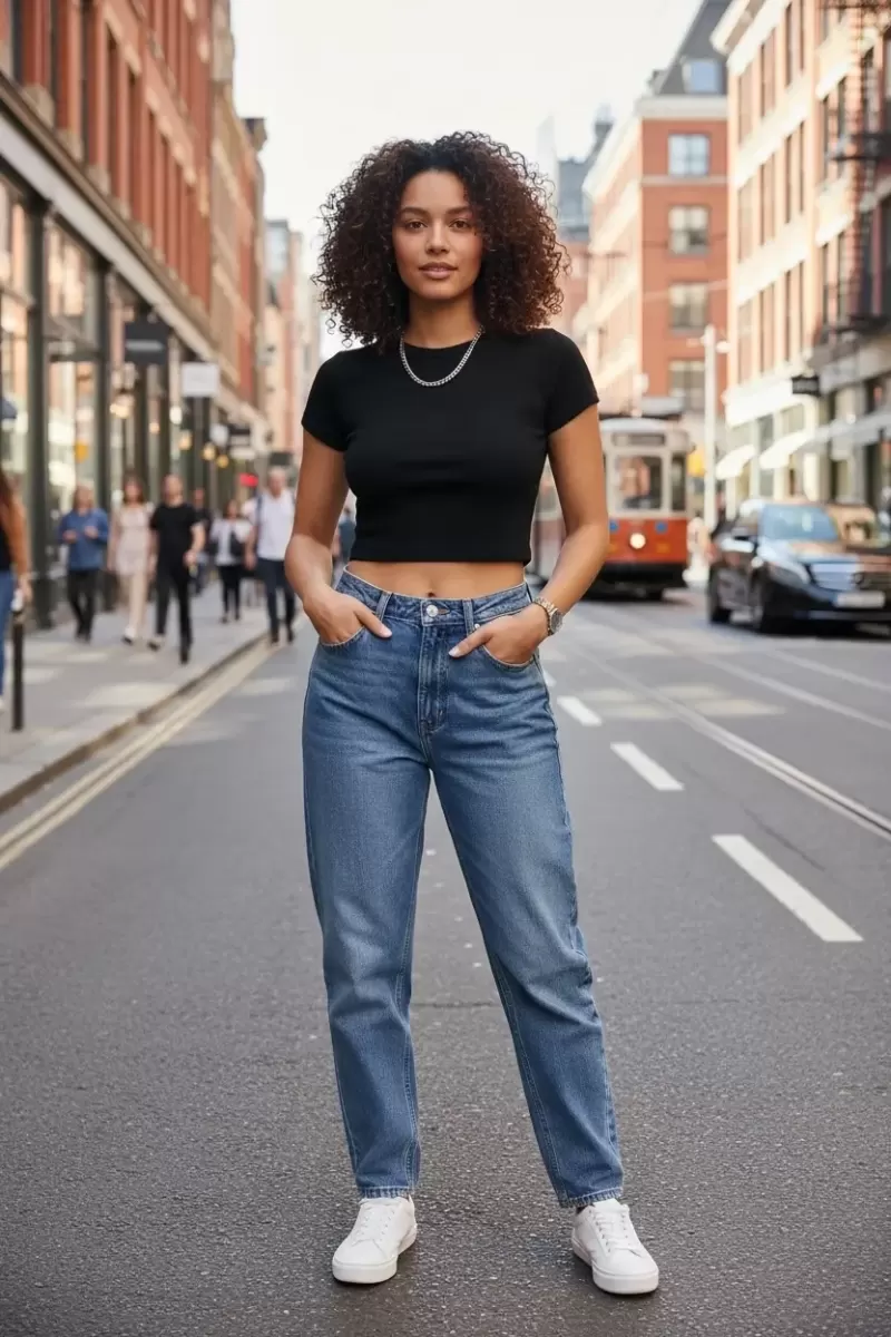 Kadın Siyah Modern Fit Yuvarlak Yaka Yarım Kol Crop Top Bluz