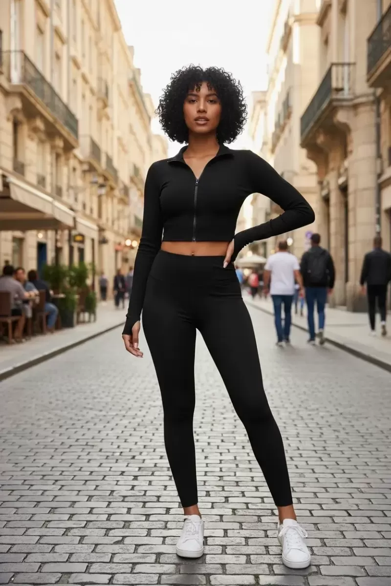 Kadın Siyah Dik Yaka Fermuarlı Uzun Kollu Parmak Geçmeli Crop Top Spor Bluz