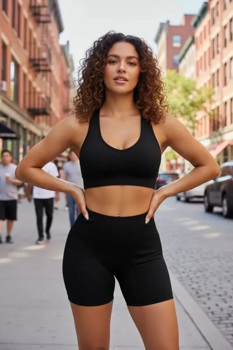 Kadın Siyah Fit Görünümlü Yüksek Bel Spor Crop Top Şort Takımı