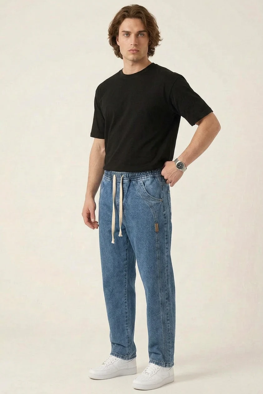 Erkek Rahat Kesim Baggy Denim İndigo Pantolon