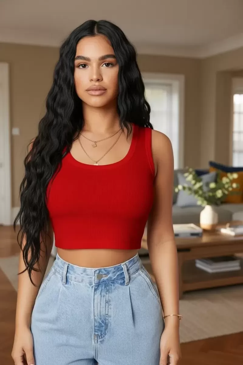 Kadın Kırmızı Modern Fit Kare Yaka Crop Top Bluz
