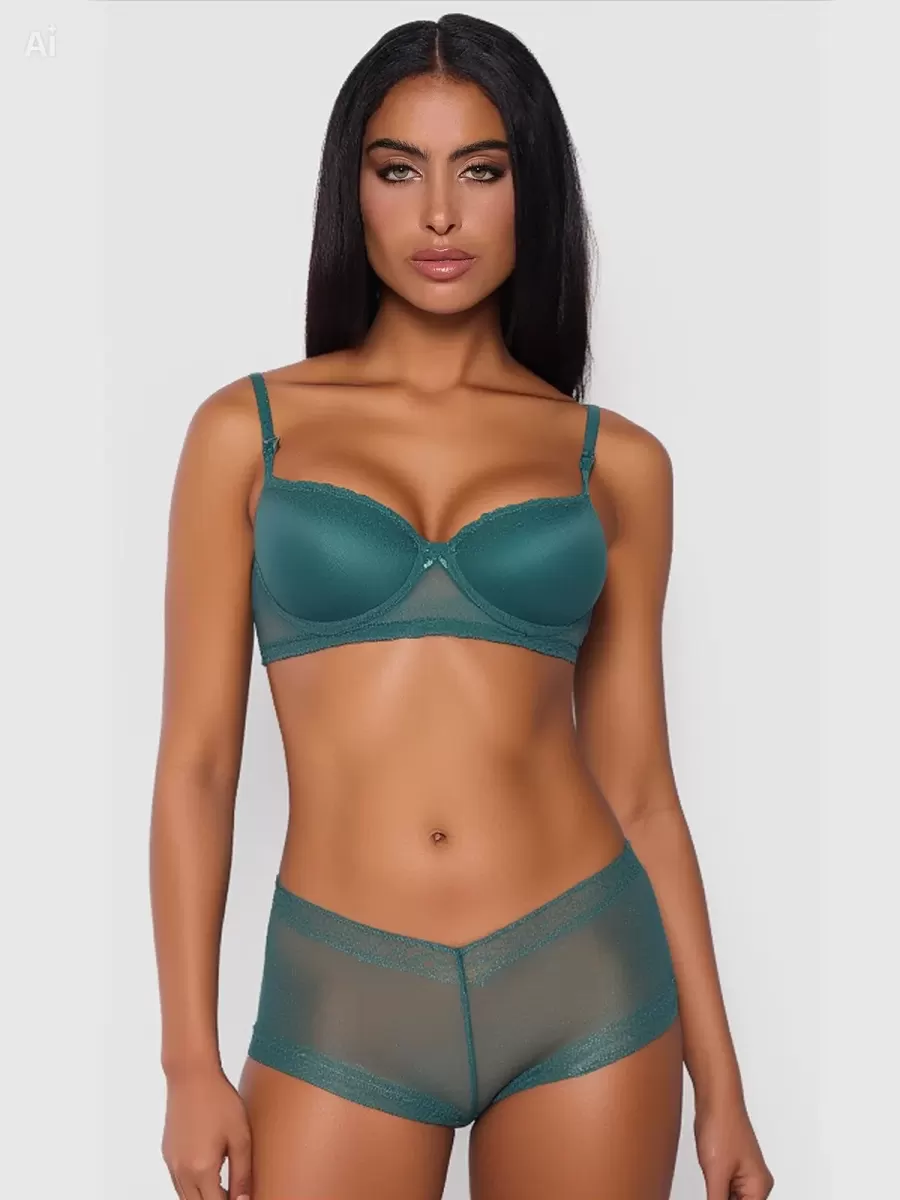 Kadın Yeşil Özel Tasarım Şortlu Push Up Sütyen Külot Takımı Şık İç Giyim Seti