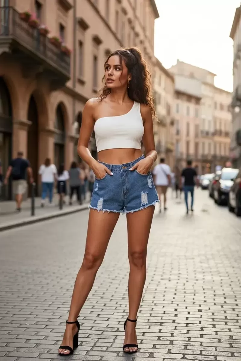 Kadın Beyaz Fit Görünümlü Tek Omuz Crop Top Büstiyer