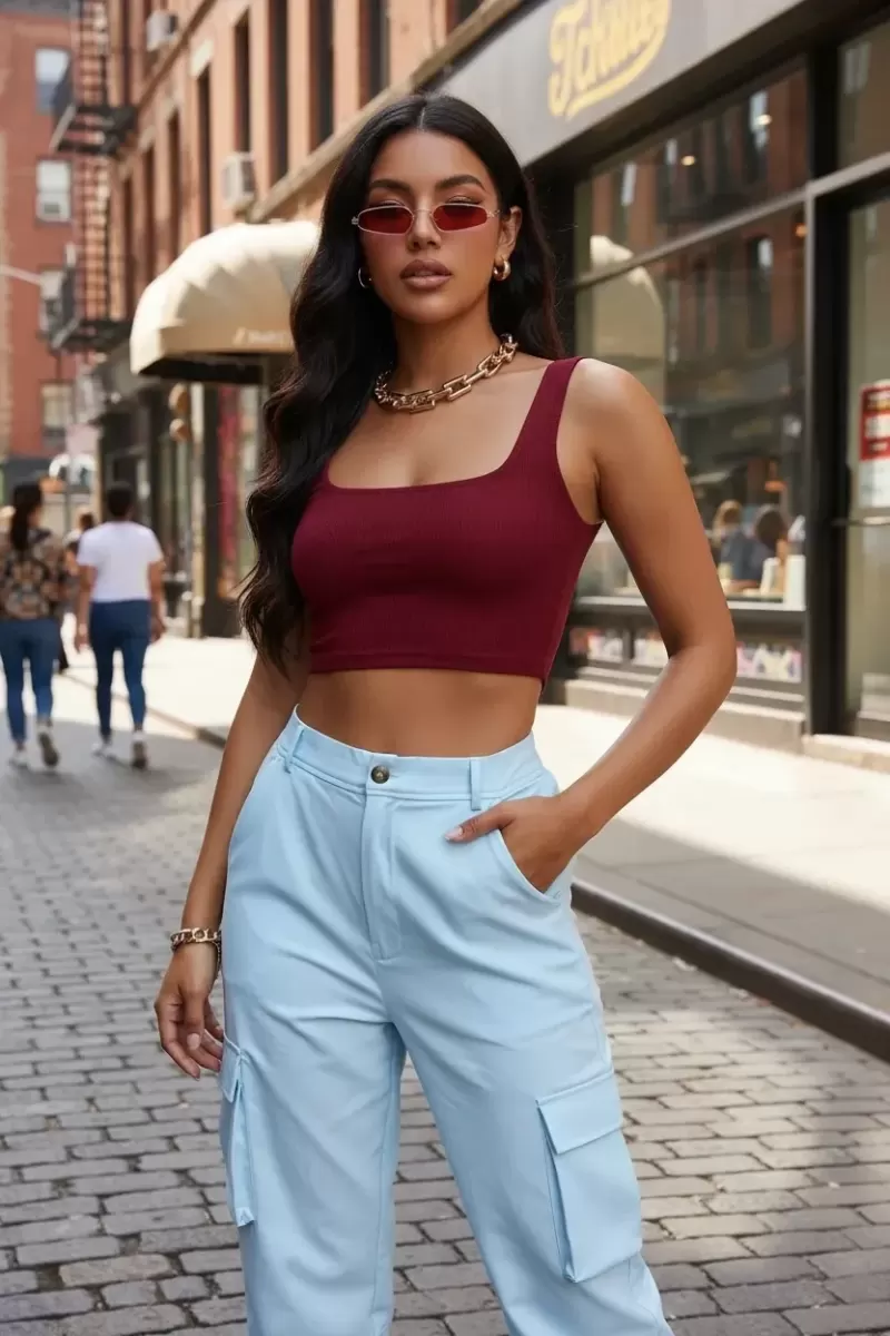 Kadın Bordo Kalın Askılı Crop Top Büstiyer Esnek Kumaş Şık Basic Kadın Üst Giyim