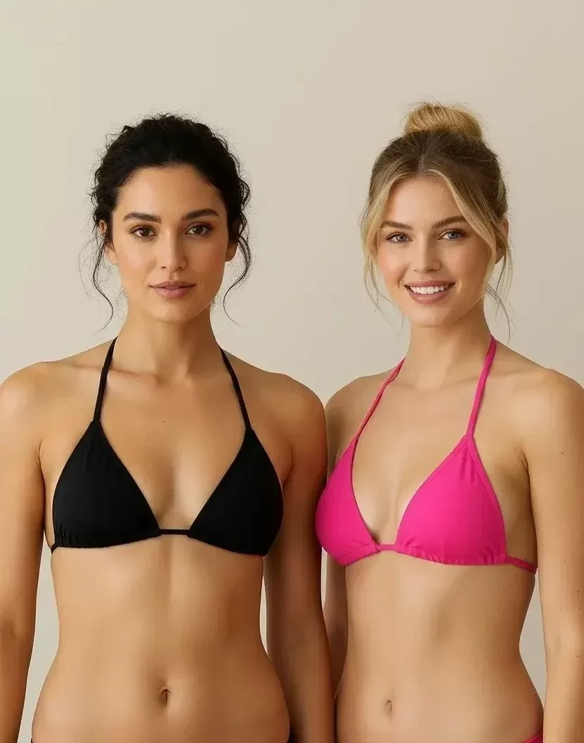 Siyah ve Fuşya Detaylı Üçgen Bikini Üstü Bağlamalı Kadın Mayo Üstü 2'li