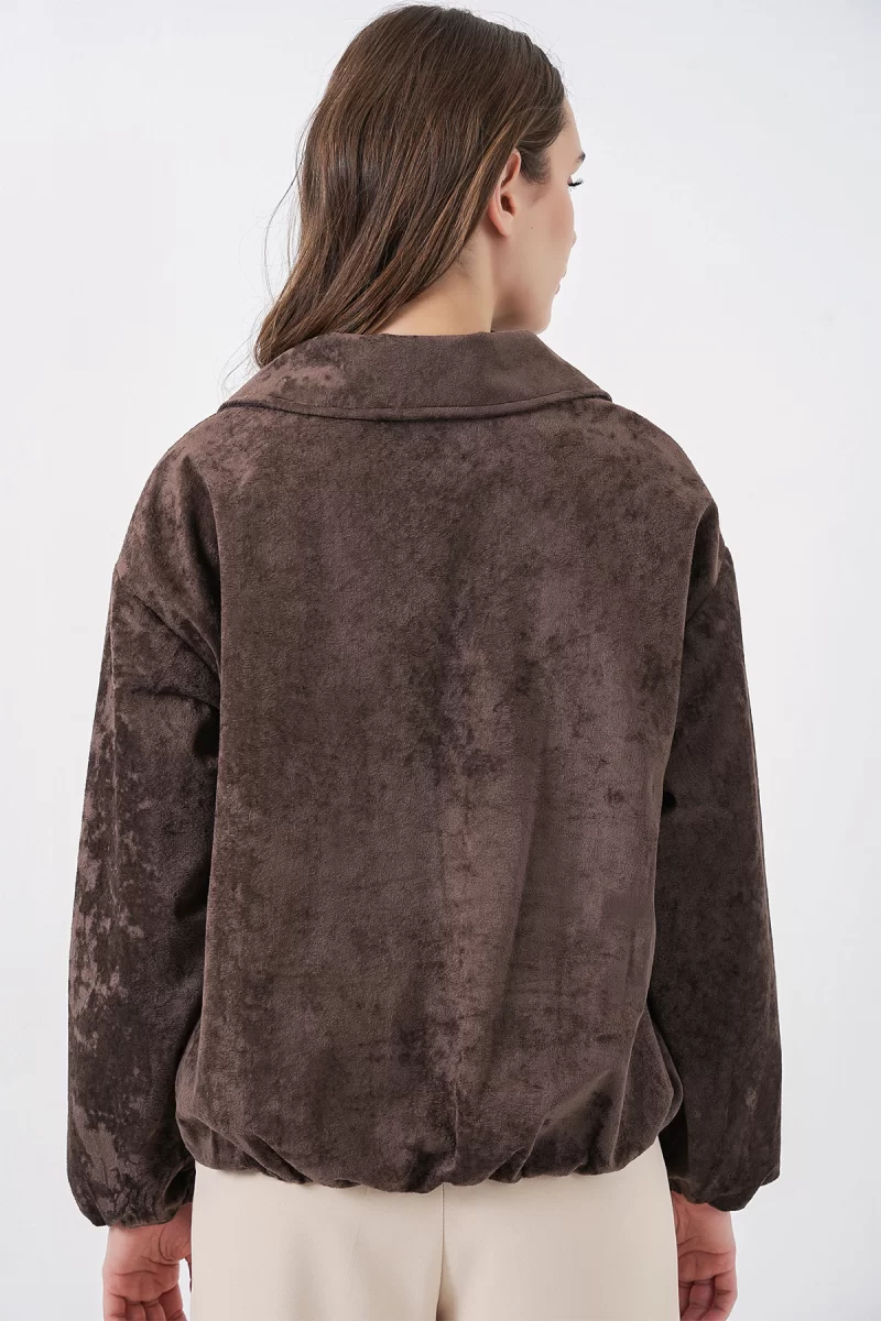 Kadın Klasik Yaka Normal Büzgülü Oversize Kadife Kahverengi Ceket