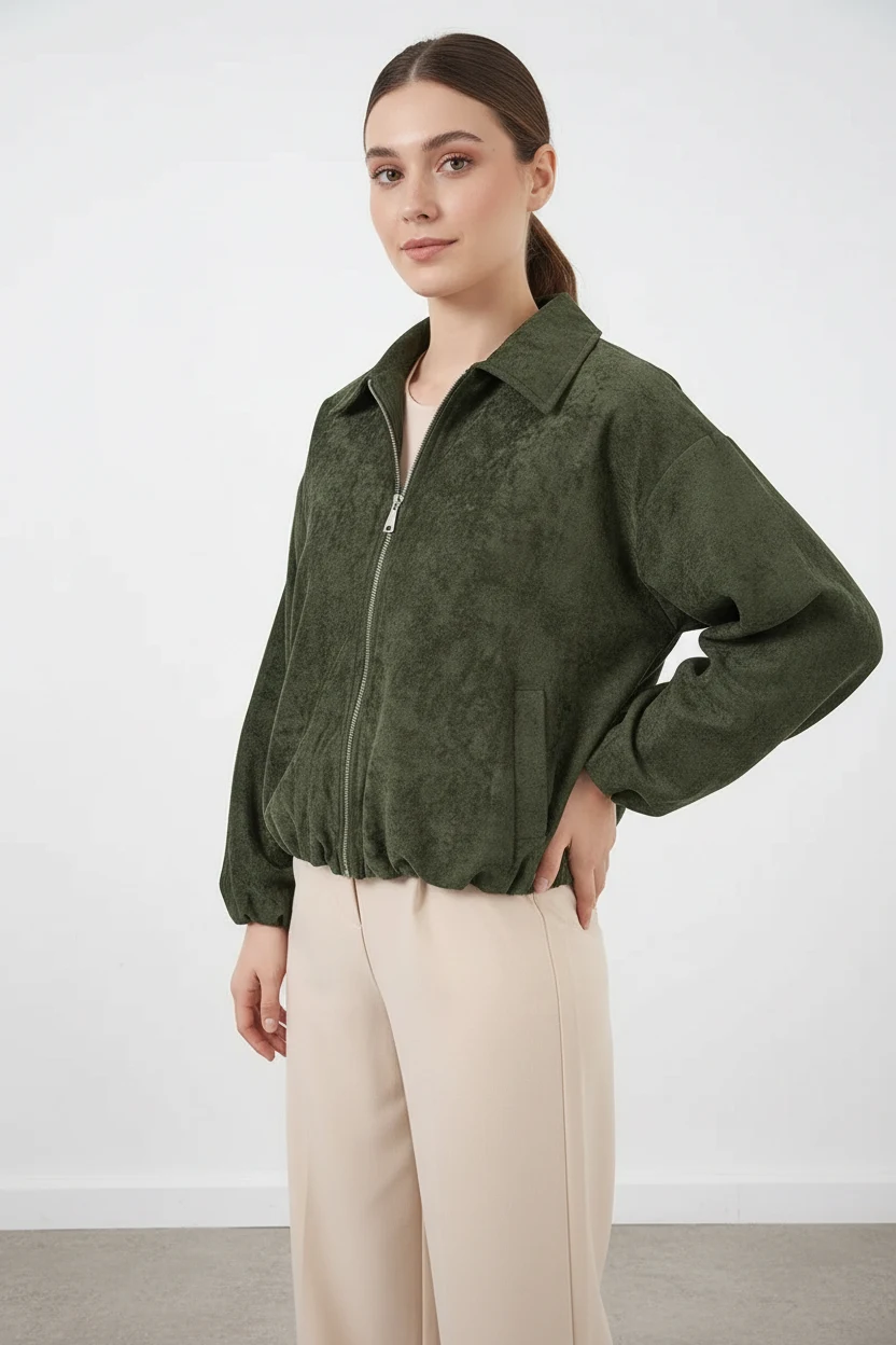 Kadın Gömlek Yaka Büzgülü Oversize Kadife Haki Ceket