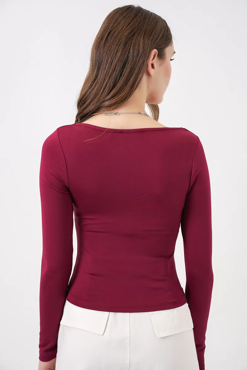 Kadın Kare Yaka Slim Fit Bordo Bluz