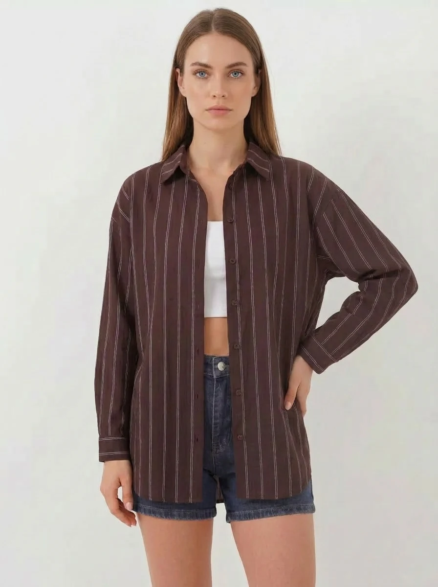 Kadın Oversize Çizgili Viskon Kahverengi Gömlek